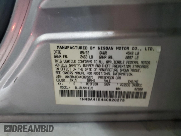 2004 Nissan Maxima SE with VIN 1N4BA41E44C820275, listed as a Copart auction lot 58536285 with 162,507 mi miles and Salvage title. Bid and sale history available at DreamBid. Image 13.
