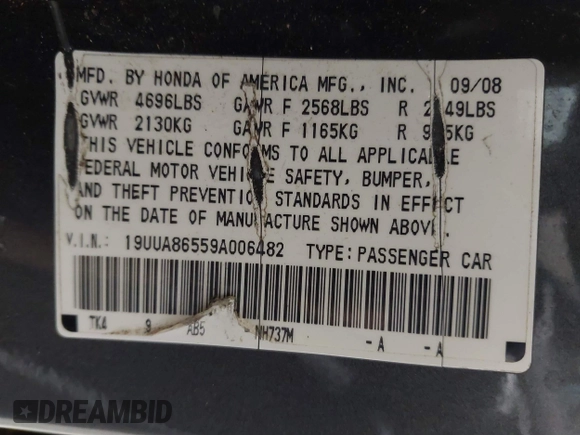 2009 Acura TL Tech with VIN 19UUA86559A006482, listed as a IAAI auction lot 41531597 with 203,255 mi miles. Bid and sale history available at carsss.com. Image 9.