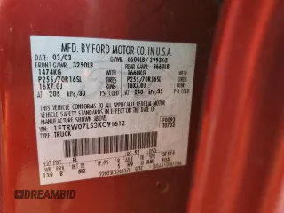 2003 Ford F-150 XLT with VIN 1FTRW07L53KC91612, listed as a Copart auction lot 43757265 with 169,886 mi miles and Salvage Title. Bid and sale history available at carsss.com. Image 12.