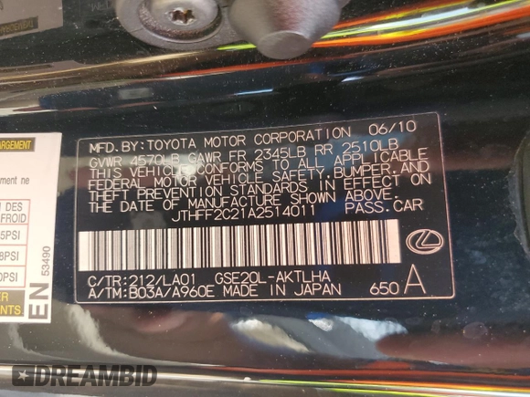 2010 Lexus IS 250 C with VIN JTHFF2C21A2514011, listed as a Copart auction lot 62600795 with 159,785 mi miles and Clean title. Bid and sale history available at DreamBid. Image 12.