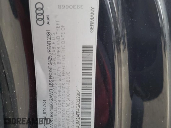 2016 Audi A5 Premium Plus with VIN WAUM2AFR4GA022804, listed as a Copart auction lot 47579535 with 95,829 mi miles and Salvage Title. Bid and sale history available at carsss.com. Image 15.