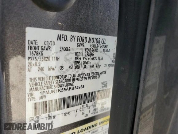 2010 Ford Expedition Max Limited with VIN 1FMJK1K55AEB54958, listed as a Copart auction lot 77677284 with 205,426 mi miles and Salvage Title. Bid and sale history available at DreamBid. Image 15.