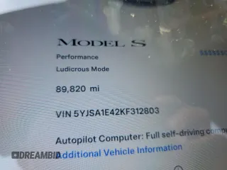 2019 Tesla Model S 100D с VIN 5YJSA1E42KF312803, выставлен на аукционе Copart как лот 71246484 с пробегом 89 820 миль миль и На запчасти • Non repairable. История ставок и продаж доступна на DreamBid. Изображение 9.
