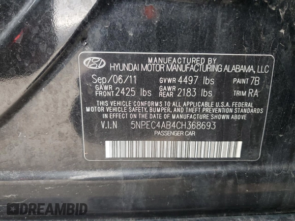 2012 Hyundai Sonata Limited with VIN 5NPEC4AB4CH368693, listed as a Copart auction lot 51092005 with 190,425 mi miles and Salvage Title. Bid and sale history available at DreamBid. Image 13.
