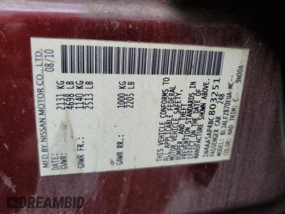 2011 Nissan Maxima SV with VIN 1N4AA5AP4BC803251, listed as a Copart auction lot 54406115 with 174,120 mi miles and Salvage title. Bid and sale history available at DreamBid. Image 12.