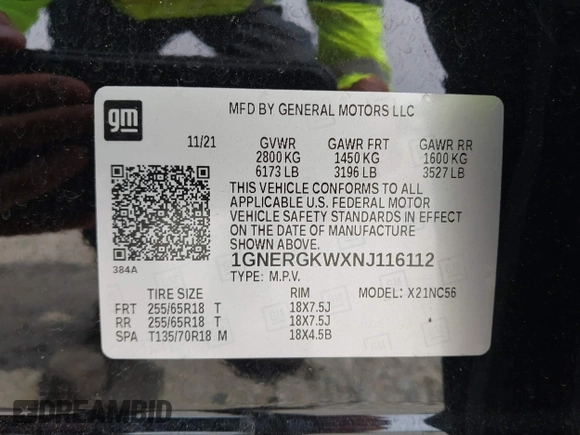 2022 Chevrolet Traverse LT Cloth with VIN 1GNERGKWXNJ116112, listed as a IAAI auction lot 42048535 with 44,792 mi miles and . Bid and sale history available at DreamBid. Image 9.