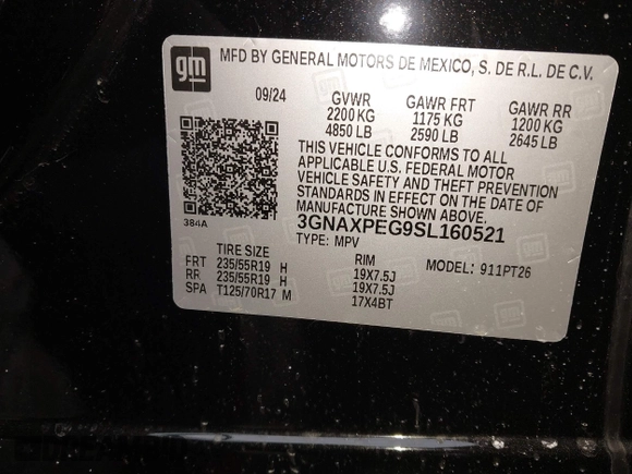 2025 Chevrolet Equinox AWD LT with VIN 3GNAXPEG9SL160521, listed as a IAAI auction lot 41287850 with 2,554 mi miles. Bid and sale history available at carsss.com. Image 9.