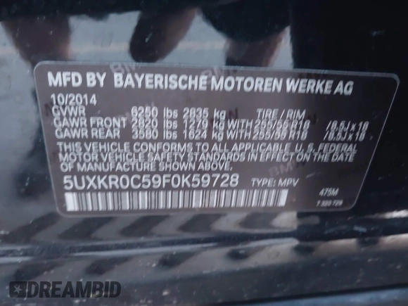 2015 BMW X5 xDrive35i with VIN 5UXKR0C59F0K59728, listed as a IAAI auction lot 41701083 with 83,267 mi miles. Bid and sale history available at carsss.com. Image 9.