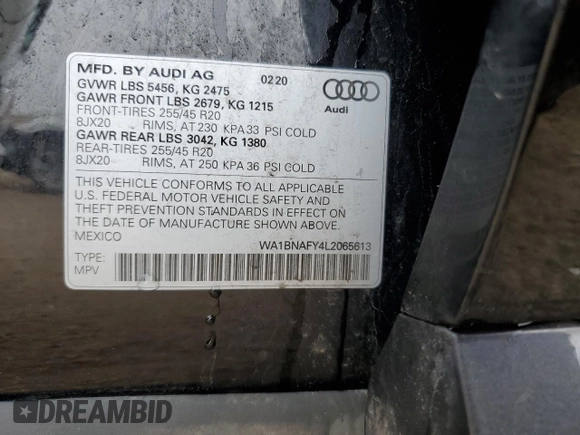 2020 Audi Q5 Premium Plus with VIN WA1BNAFY4L2065613, listed as a Copart auction lot 60804035 with 52,698 mi miles and Salvage title. Bid and sale history available at DreamBid. Image 13.