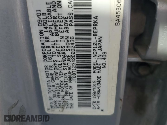 2002 Toyota ECHO with VIN JTDBT123420202436, listed as a Copart auction lot 48917245 with 114,865 mi miles and Salvage title. Bid and sale history available at DreamBid. Image 12.
