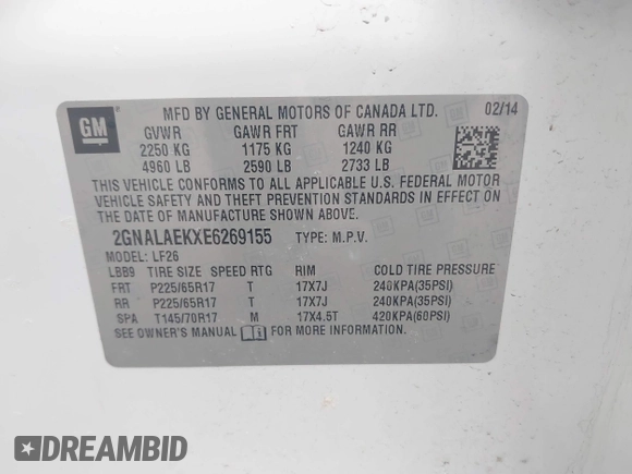 2014 Chevrolet Equinox LS with VIN 2GNALAEKXE6269155, listed as a IAAI auction lot 41829913 with 174,506 mi miles and . Bid and sale history available at carsss.com. Image 9.