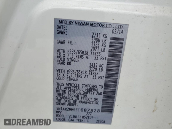2014 Nissan Pathfinder S with VIN 5N1AR2MM6EC687828, listed as a Copart auction lot 65210805 with 139,128 mi miles and Clean title. Bid and sale history available at DreamBid. Image 13.