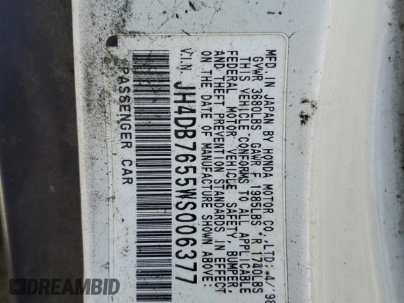 1998 Acura Integra LS with VIN JH4DB7655WS006377, listed as a Copart auction lot 42187355 with 165,638 mi miles and Salvage title. Bid and sale history available at DreamBid. Image 12.