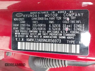 2022 Hyundai Kona Preferred with VIN KM8K22AB9NU856973, listed as a IAAI auction lot 41621249 with 65,291 mi miles. Bid and sale history available at carsss.com. Image 9.