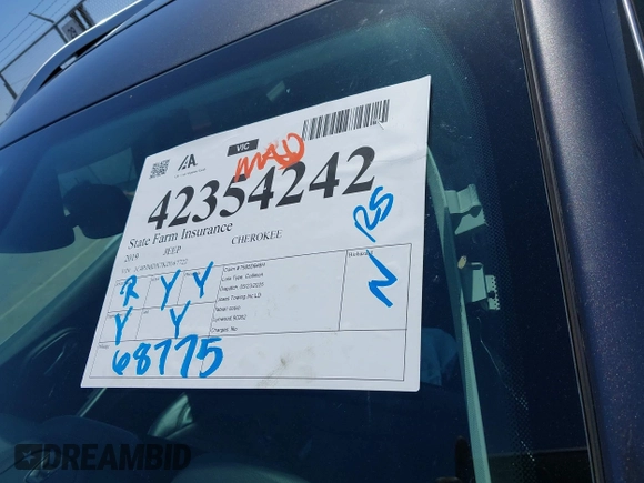 2019 Jeep Cherokee Limited with VIN 1C4PJMDX7KD167722, listed as a IAAI auction lot 42354242 with 68,775 mi miles and . Bid and sale history available at DreamBid. Image 18.