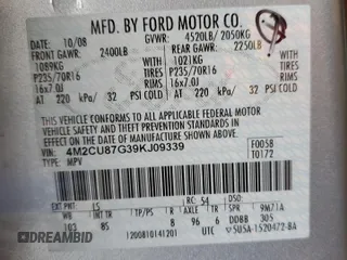 2009 Mercury Mariner Premier z VIN 4M2CU87G39KJ09339, wystawiony jako Copart lot #87247774 z przebiegiem 87 282 mil mil oraz Szkoda całkowita • Salvage title. Historia ofert i sprzedaży dostępna na DreamBid. Obrazek 12.