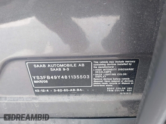 2008 Saab 9-3 with VIN YS3FB49Y481135503, listed as a IAAI auction lot 42151949 with 173,778 mi miles. Bid and sale history available at carsss.com. Image 9.