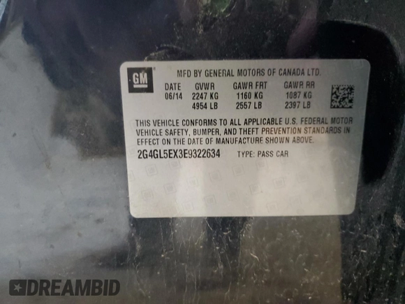 2014 Buick Regal z VIN 2G4GL5EX3E9322634, wystawiony jako Copart lot #59358775 z przebiegiem 137 449 mil mil oraz Szkoda całkowita • Salvage title. Historia ofert i sprzedaży dostępna na DreamBid. Obrazek 12.