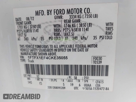 2012 Ford F-150 XL with VIN 1FTFX1EF4CKE35055, listed as a IAAI auction lot 42226098 with 227,790 mi miles and . Bid and sale history available at DreamBid. Image 9.