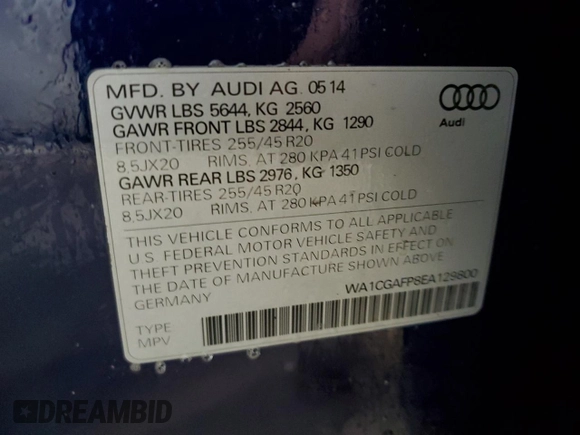 2014 Audi SQ5 Premium Plus with VIN WA1CGAFP8EA129800, listed as a Copart auction lot 74853533 with 102,104 mi miles and Salvage Title. Bid and sale history available at carsss.com. Image 13.