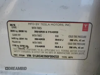 2016 Tesla Model X 70D z VIN 5YJXCAE26GF004233, wystawiony jako Copart lot #58378805 z przebiegiem 90 133 mil mil oraz Szkoda całkowita • Salvage title. Historia ofert i sprzedaży dostępna na DreamBid. Obrazek 13.