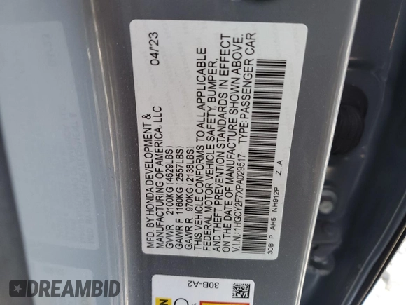 2023 Honda Accord Sport-L with VIN 1HGCY2F7XPA029517, listed as a Copart auction lot 63848945 with 51,195 mi miles and Salvage title. Bid and sale history available at DreamBid. Image 14.