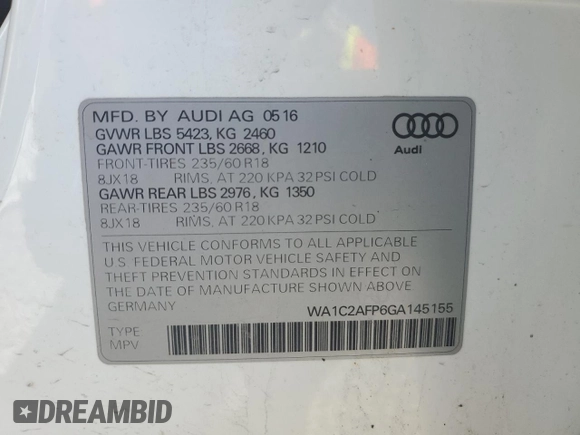 2016 Audi Q5 Premium with VIN WA1C2AFP6GA145155, listed as a Copart auction lot 51244675 with 76,117 mi miles and Salvage Title. Bid and sale history available at carsss.com. Image 14.