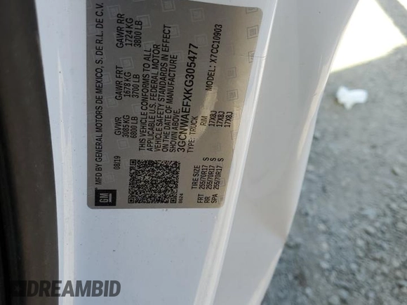 2019 Chevrolet Silverado 1500 Work Truck with VIN 3GCNWAEFXKG305477, listed as a Copart auction lot 67712374 with Not Provided miles and Salvage Title. Bid and sale history available at DreamBid. Image 12.