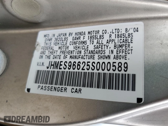 2005 Honda Civic with VIN JHMES96625S000589, listed as a Copart auction lot 44033985 with 161,944 mi miles and Salvage Title. Bid and sale history available at DreamBid. Image 12.