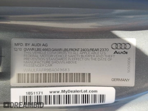 2011 Audi A5 Premium Plus z VIN WAULFAFR9BA049683, wystawiony jako Copart lot #56586245 z przebiegiem 49 133 mil mil oraz Szkoda całkowita • Salvage title. Historia ofert i sprzedaży dostępna na DreamBid. Obrazek 12.
