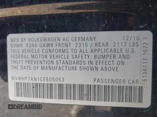 2012 Volkswagen CC Lux Plus z VIN WVWHP7AN1CE505053, wystawiony jako IAAI lot #41739862 z przebiegiem 200 080 mil mil oraz . Historia ofert i sprzedaży dostępna na DreamBid. Obrazek 9.
