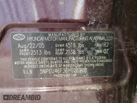 2006 Hyundai Sonata GLS with VIN 5NPEU46F36H026908, listed as a Copart auction lot 52309995 with 130,784 mi miles and Salvage Title. Bid and sale history available at DreamBid. Image 12.