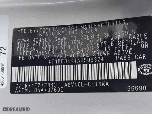 2010 Toyota Camry with VIN 4T1BF3EK4AU509324, listed as a IAAI auction lot 41702517 with 212,144 mi miles. Bid and sale history available at carsss.com. Image 9.