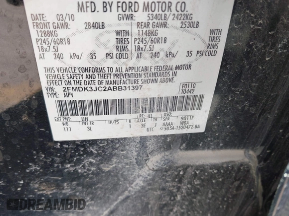 2010 Ford Edge SEL with VIN 2FMDK3JC2ABB31397, listed as a IAAI auction lot 41812016 with 1 mi miles. Bid and sale history available at carsss.com. Image 9.