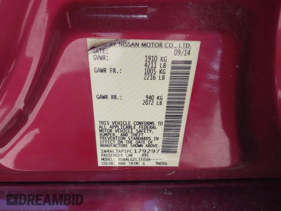 2015 Nissan Altima S with VIN 1N4AL3AP1FC179297, listed as a IAAI auction lot 42196839 with 194,768 mi miles and . Bid and sale history available at DreamBid. Image 9.