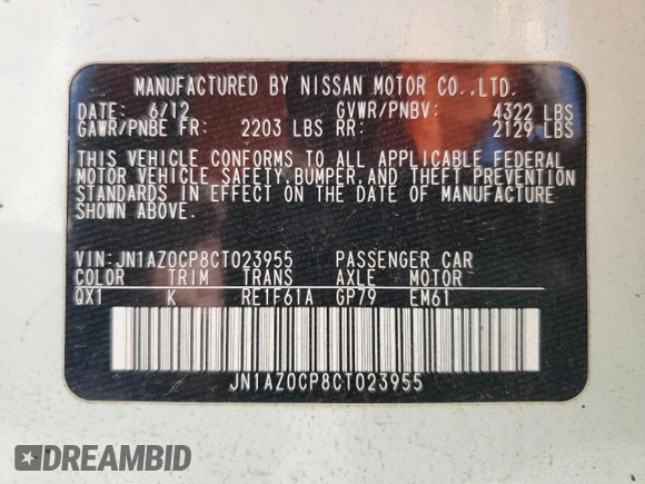 2012 Nissan LEAF SL with VIN JN1AZ0CP8CT023955, listed as a Copart auction lot 55696755 with 39,181 mi miles and Clean Title. Bid and sale history available at DreamBid. Image 12.