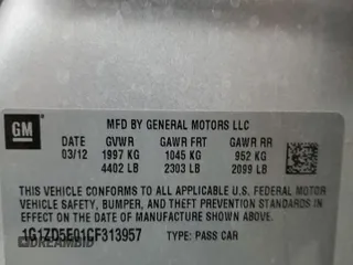 2012 Chevrolet Malibu 2LT with VIN 1G1ZD5E01CF313957, listed as a Copart auction lot 54016215 with 129,146 mi miles and Salvage Title. Bid and sale history available at DreamBid. Image 12.