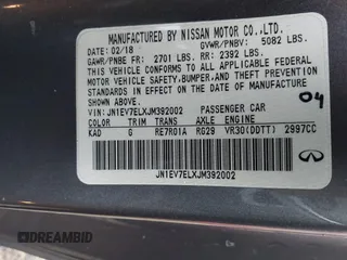 2018 Infiniti Q60 3.0t LUXE with VIN JN1EV7ELXJM392002, listed as a IAAI auction lot 41153596 with 51,369 mi miles. Bid and sale history available at carsss.com. Image 9.