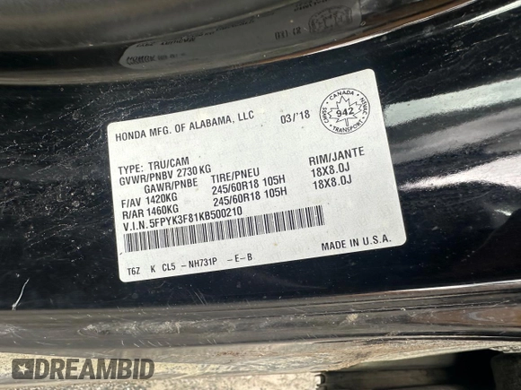 2019 Honda Ridgeline Black Edition with VIN 5FPYK3F81KB500210, listed as a Copart auction lot 67322304 with Not provided miles and Salvage title. Bid and sale history available at DreamBid. Image 13.
