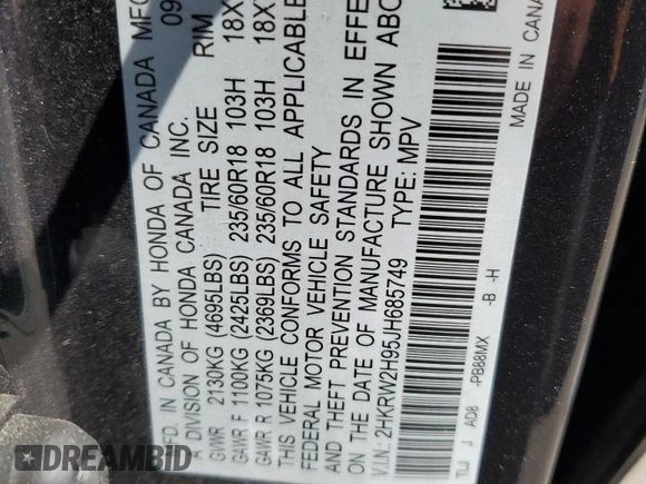 2018 Honda CR-V Touring with VIN 2HKRW2H95JH685749, listed as a Copart auction lot 53828605 with Not Provided miles and Salvage Title. Bid and sale history available at carsss.com. Image 13.