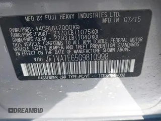 2016 Subaru WRX Premium with VIN JF1VA1E65G9810998, listed as a IAAI auction lot 41545599 with 123,135 mi miles. Bid and sale history available at carsss.com. Image 9.
