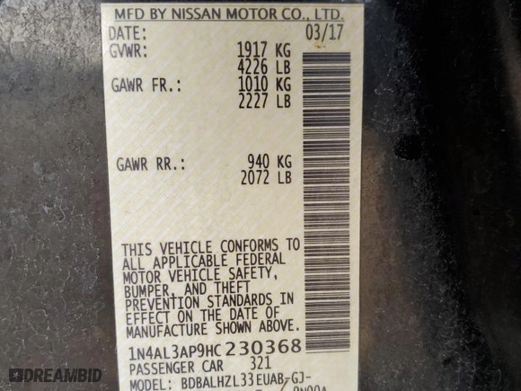2017 Nissan Altima 2.5 SV with VIN 1N4AL3AP9HC230368, listed as a Copart auction lot 86661194 with 118,225 mi miles and Salvage Title. Bid and sale history available at carsss.com. Image 14.