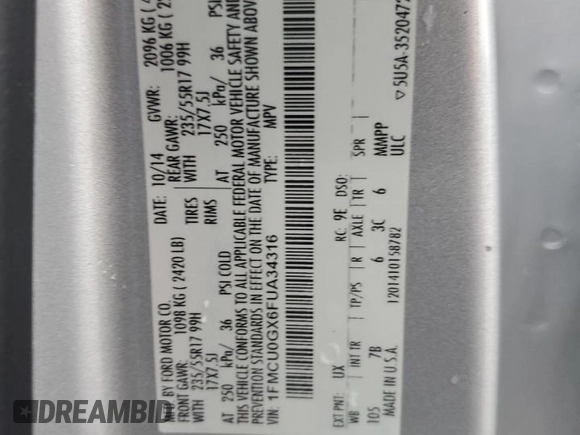 2015 Ford Escape SE with VIN 1FMCU0GX6FUA34316, listed as a Copart auction lot 47477765 with 190,890 mi miles and Salvage Title. Bid and sale history available at carsss.com. Image 14.
