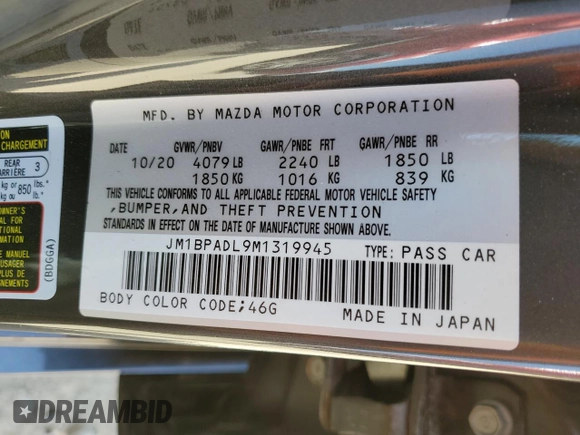 2021 Mazda 3 Premium with VIN JM1BPADL9M1319945, listed as a Copart auction lot 52902425 with 74,221 mi miles and Salvage title. Bid and sale history available at DreamBid. Image 12.