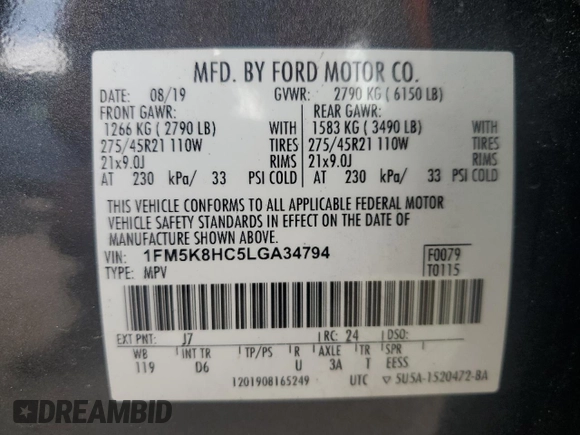 2020 Ford Explorer Platinum with VIN 1FM5K8HC5LGA34794, listed as a Copart auction lot 51812355 with Not provided miles and Salvage title. Bid and sale history available at DreamBid. Image 15.