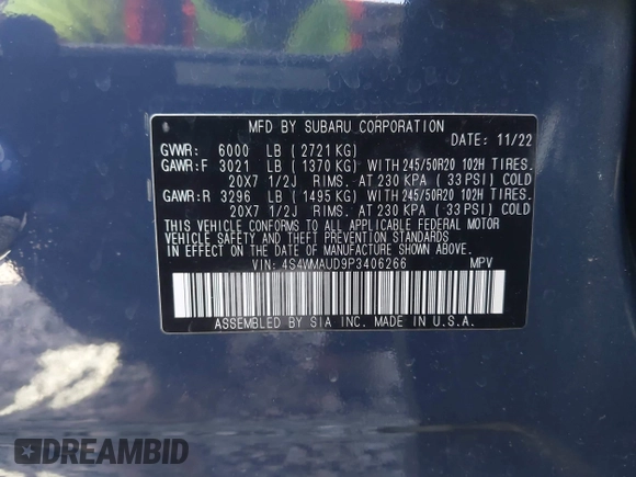 2023 Subaru Ascent Limited with VIN 4S4WMAUD9P3406266, listed as a IAAI auction lot 42573531 with 18,077 mi miles and . Bid and sale history available at DreamBid. Image 9.
