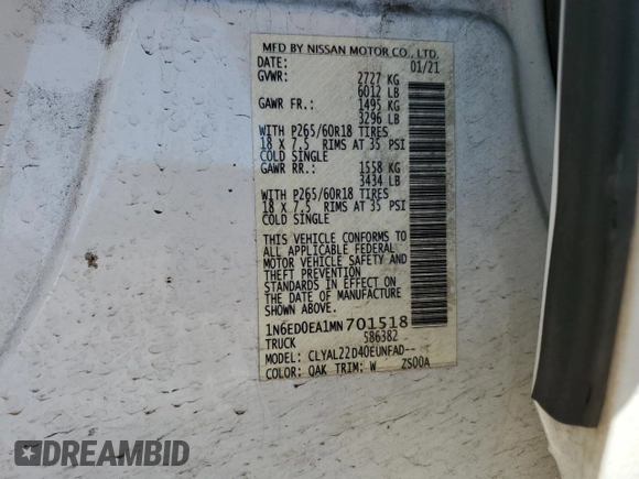 2021 Nissan Frontier SV z VIN 1N6ED0EA1MN701518, wystawiony jako Copart lot #45880645 z przebiegiem 81 011 mil mil oraz Szkoda całkowita • Salvage title. Historia ofert i sprzedaży dostępna na DreamBid. Obrazek 12.