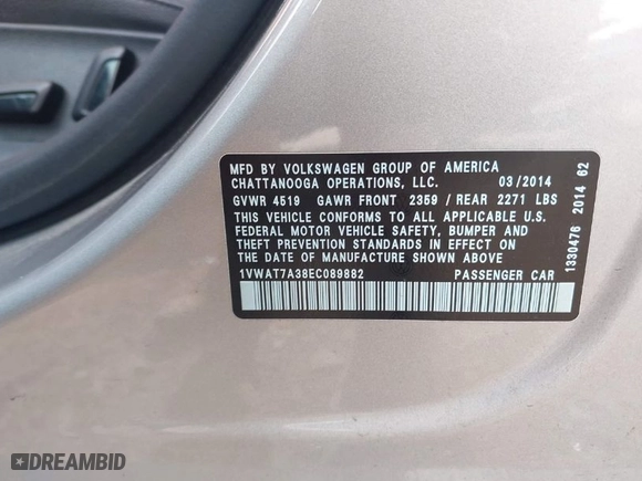 2014 Volkswagen Passat Wolfsburg Ed with VIN 1VWAT7A38EC089882, listed as a IAAI auction lot 41945624 with 130,162 mi miles. Bid and sale history available at carsss.com. Image 9.