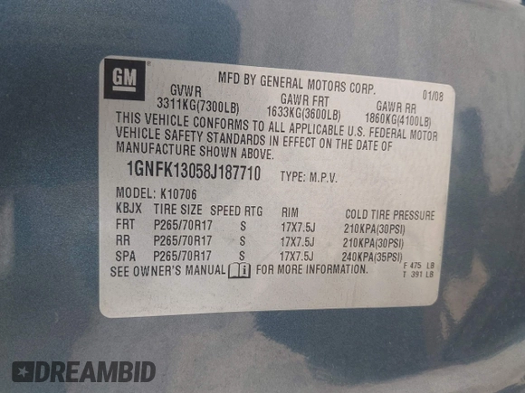 2008 Chevrolet Tahoe 3LT with VIN 1GNFK13058J187710, listed as a IAAI auction lot 42073592 with 166,173 mi miles and . Bid and sale history available at DreamBid. Image 9.