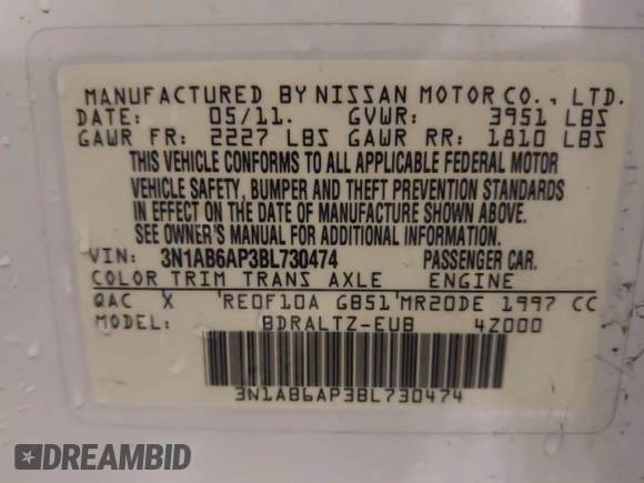 2011 Nissan Sentra SR with VIN 3N1AB6AP3BL730474, listed as a IAAI auction lot 41977718 with 155,062 mi miles and . Bid and sale history available at DreamBid. Image 9.